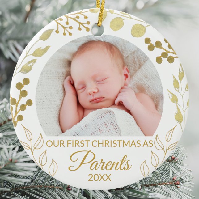 Our First Christmas As Parents Gold Foliage Photo Julgransprydnad Keramik (Skapare uppladdad)