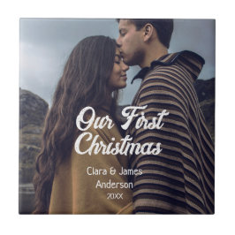 Our first Christmas couple photo name white gray Kakelplatta