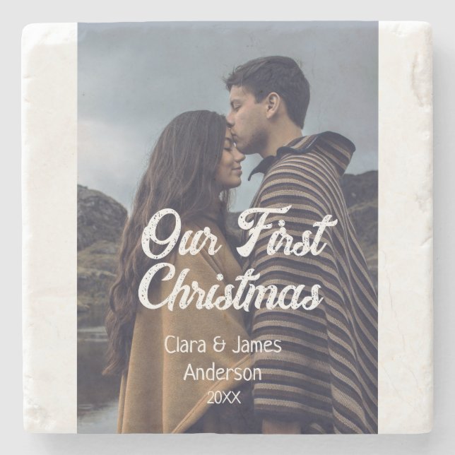 Our first Christmas couple photo name white gray Stenunderlägg (Framsidan)