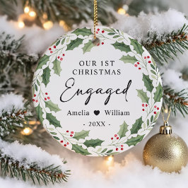 Our First Christmas Engaged Floral Greenery Wreath Julgransprydnad Keramik