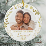 Our First Christmas Engaged Gold Foliage Photo Julgransprydnad Keramik<br><div class="desc">This elegant Engagement Christmas Ornament is decorated with gold foliage on a white background.
Easily customizable with your photo and year.
Original Watercolor © Michele Davies.</div>