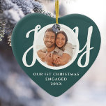 Our First Christmas Engaged Photo Heart-Shaped Julgransprydnad Keramik<br><div class="desc">This keepsake festive green heart-shaped First Christmas Engaged photo ceramic ornament is decorated with the word JOY in stylish white script typography. Easily customizable.</div>