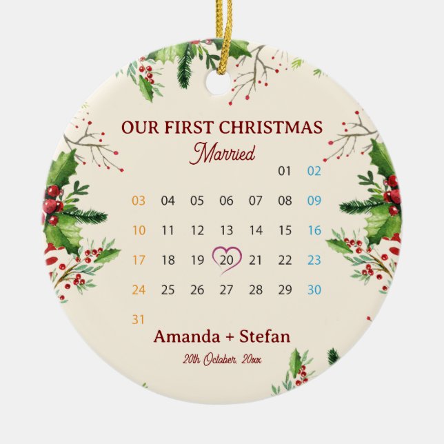 Our First Christmas Keepsake Married  Calendar Julgransprydnad Keramik (Framsidan)