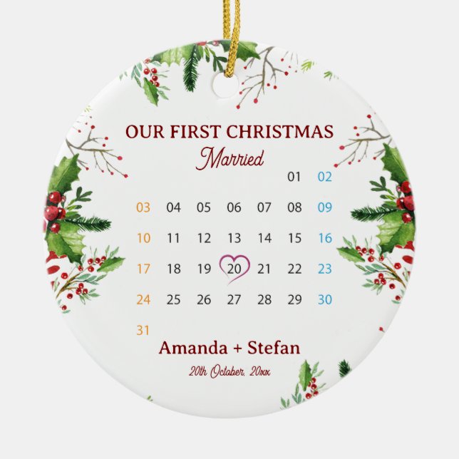 Our First Christmas Married  Keepsake Calendar Julgransprydnad Keramik (Framsidan)