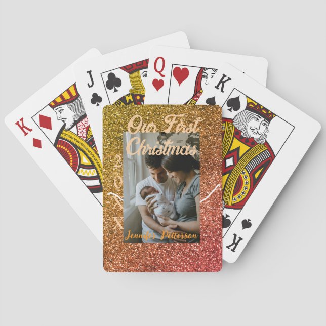 Our first Christmas orange red glitter photo year Casinokort (Baksidan)