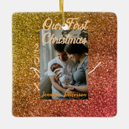 Our first Christmas orange red glitter photo year Julgransprydnad Keramik
