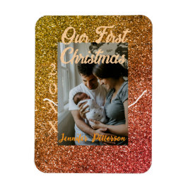 Our first Christmas orange red glitter photo year Magnet