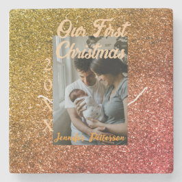 Our first Christmas orange red glitter photo year Stenunderlägg