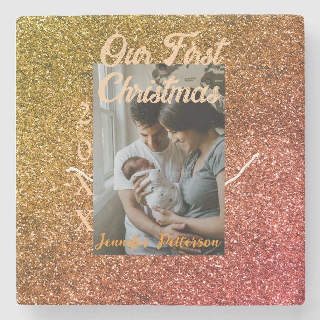Our first Christmas orange red glitter photo year Stenunderlägg (Framsidan)