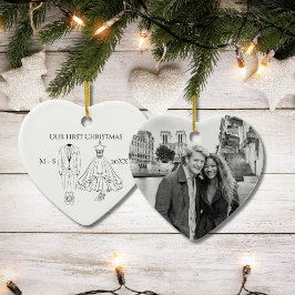 Our First Christmas Photo Wedding Dress Suit Cute Julgransprydnad Keramik