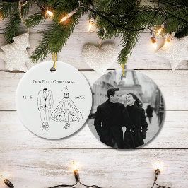 Our First Christmas Photo Wedding Dress Suit Cute Julgransprydnad Keramik