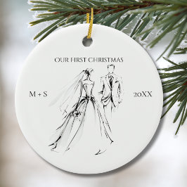 Our First Christmas Photo Wedding Dress Suit Cute Julgransprydnad Keramik