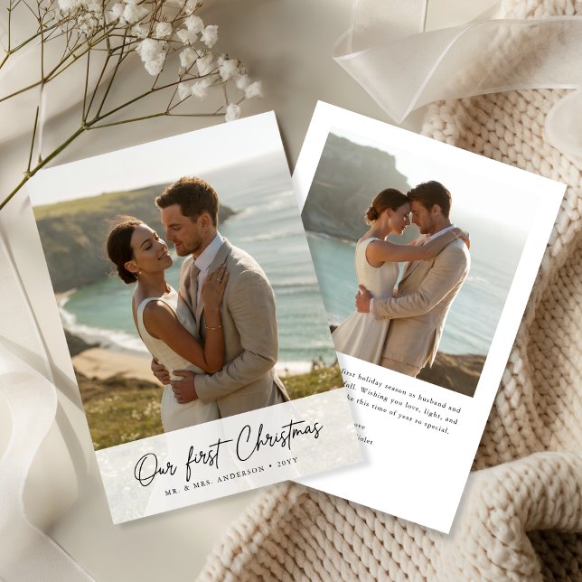 Our First Christmas Script Coastal Photo Julkort (Skapare uppladdad)