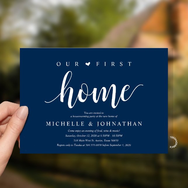 Our First Home Modern Rustic Housewarming party Inbjudningar (Our First Home Housewarming party Invitation Card in Navy Blue)