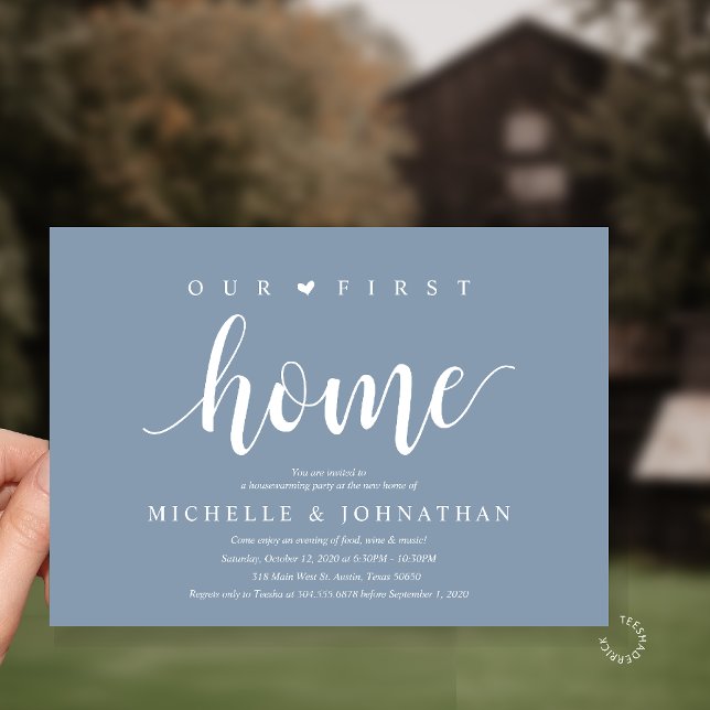 Our First Home Modern Rustic Housewarming party Inbjudningar (Our First Home Housewarming party Invitation Card in Dusty Blue)