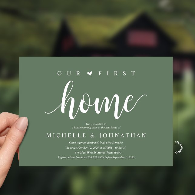 Our First Home Modern Rustic Housewarming party Inbjudningar (Our First Home Housewarming party Invitation Card in Sage Green)