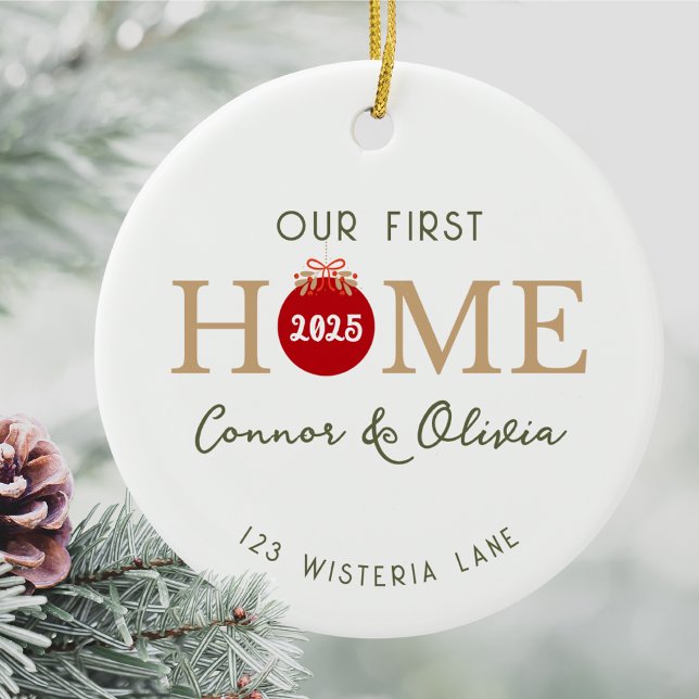 Our First Home Personalized Names Address Year Julgransprydnad Keramik (Our first home personalized Christmas ornament custom names address year minimalist housewarming)