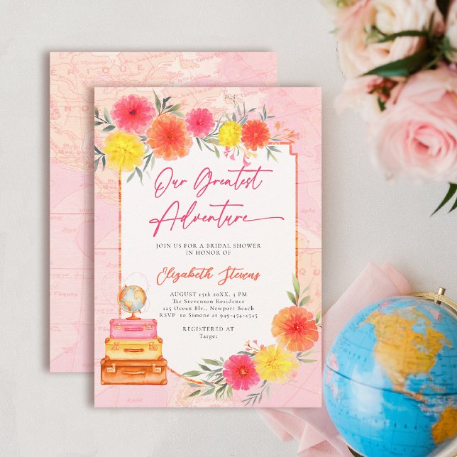Our Greatest Adventure Floral Travel Zinnia Bridal Inbjudningar (travel bridal shower invitation floral watercolor world map suitcase tropical hot pink orange yellow)