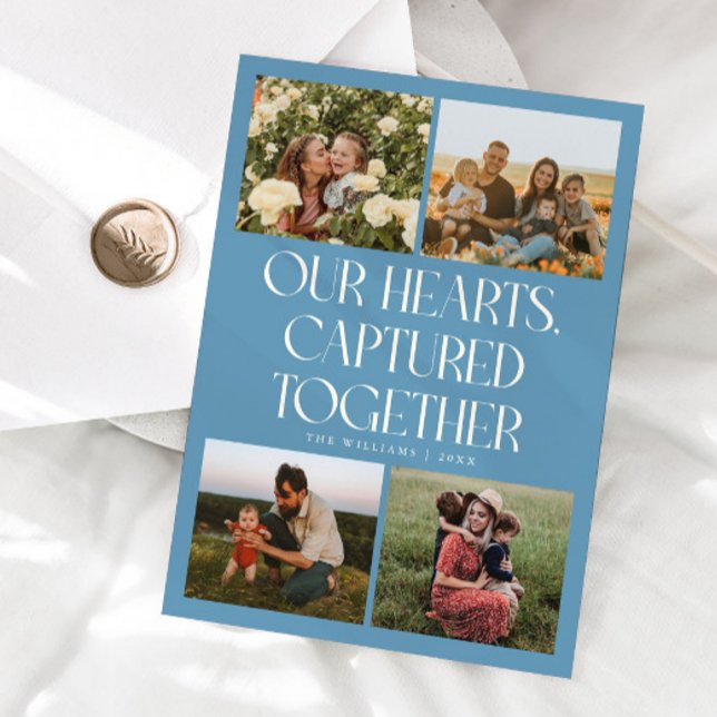 Our Hearts Denim Blue Multi Photo Valentines Day  Julkort (Skapare uppladdad)