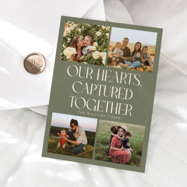 Our Hearts Sage Green Multi Photo Valentines Day  Julkort (Skapare uppladdad)