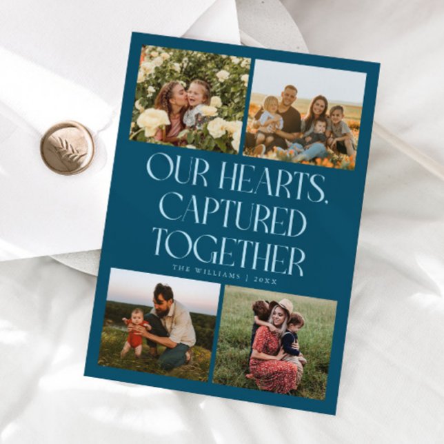 Our Hearts Teal Multi Photo Valentines Day  Julkort (Skapare uppladdad)