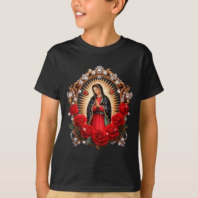 Our Lady Guadalupe Saint Virgin Mary In Roses Flow T Shirt (Framsida)