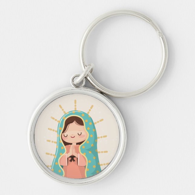Our Lady of Guadalupe Kawaii Style Rund Silverfärgad Nyckelring (Framsidan)