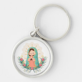Our Lady of Guadalupe with flowers Kawaii Style Rund Silverfärgad Nyckelring