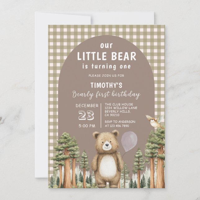 Our Little Bear is Turning One Forest Gingham Inbjudningar (Framsida)