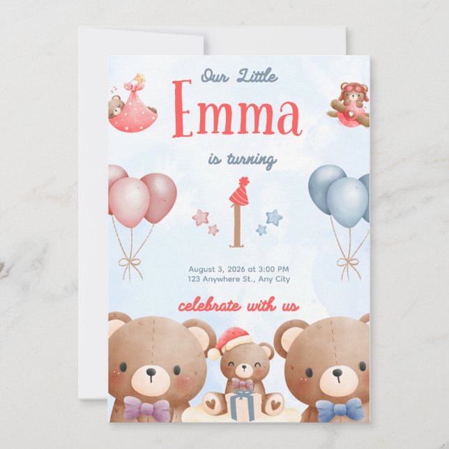 Our Little Emma Birthday Invitation – Pastel Teddy Inbjudningar (Framsida)