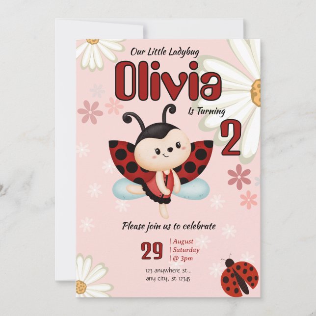 Our Little Ladybug Girl Birthday Party Invitation Inbjudningar (Framsida)