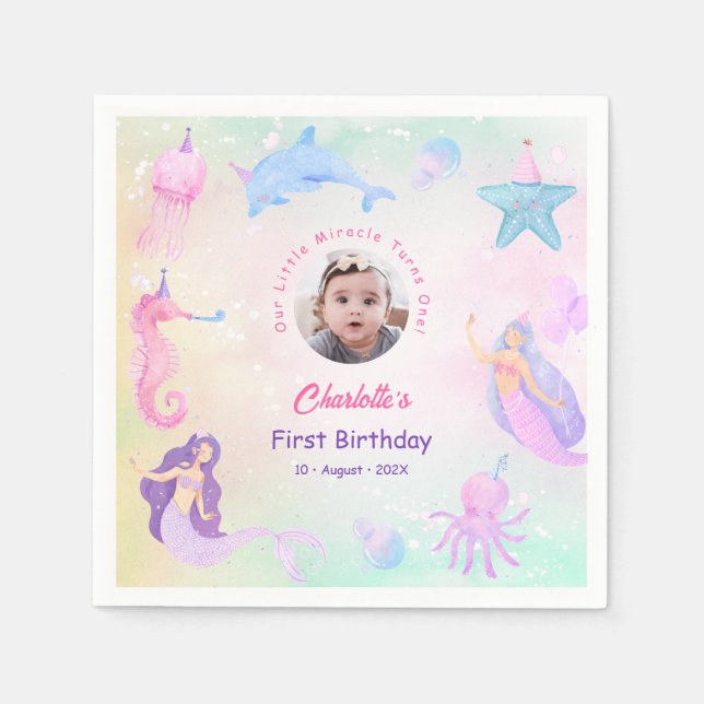 Our Little Mermaid Girl 1st Birthday Party Napkins Pappersservett (Framsidan)