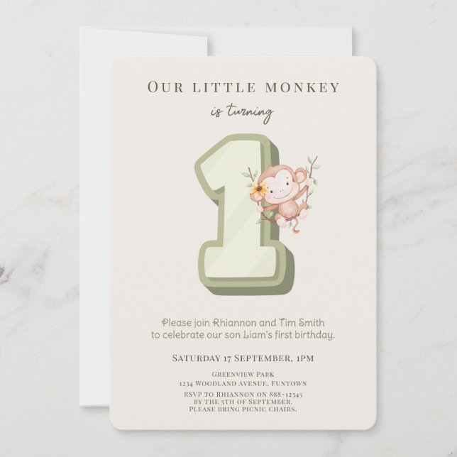 Our Little Monkey 1st Birthday invitation Inbjudningar (Framsida)