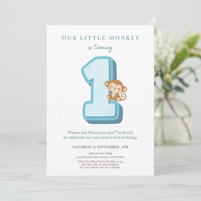 Our Little Monkey Blue 1st Birthday invitation Inbjudningar (Stående Fram)