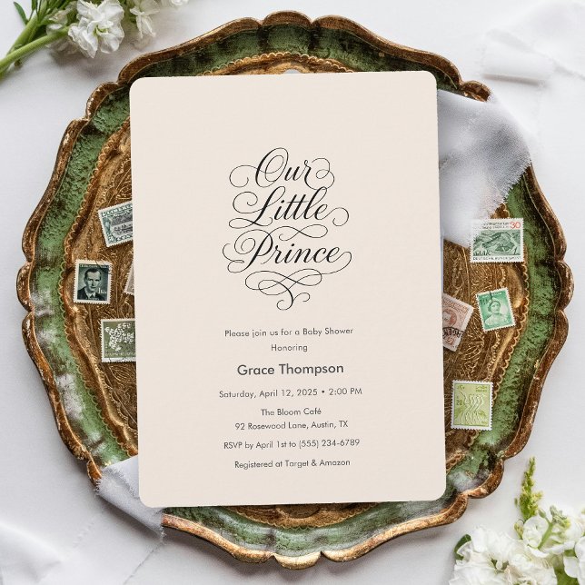 Our Little Prince Minimal Script Peach Baby Shower Inbjudningar (Our Little Prince Minimal Script Peach Baby Shower Invitation)