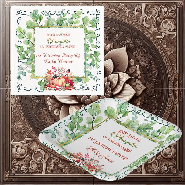 Our Little Pumpkin 1st Birthday Green Fall Wreath  Pappersservett (Our Little Pumpkin 1st Birthday Green Fall Wreath Napkins)