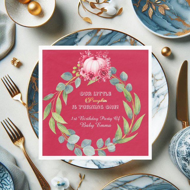 Our Little Pumpkin 1st Birthday Green Wreath Pink Pappersservett (Our Little Pumpkin 1st Birthday Green Wreath Pink Napkins)