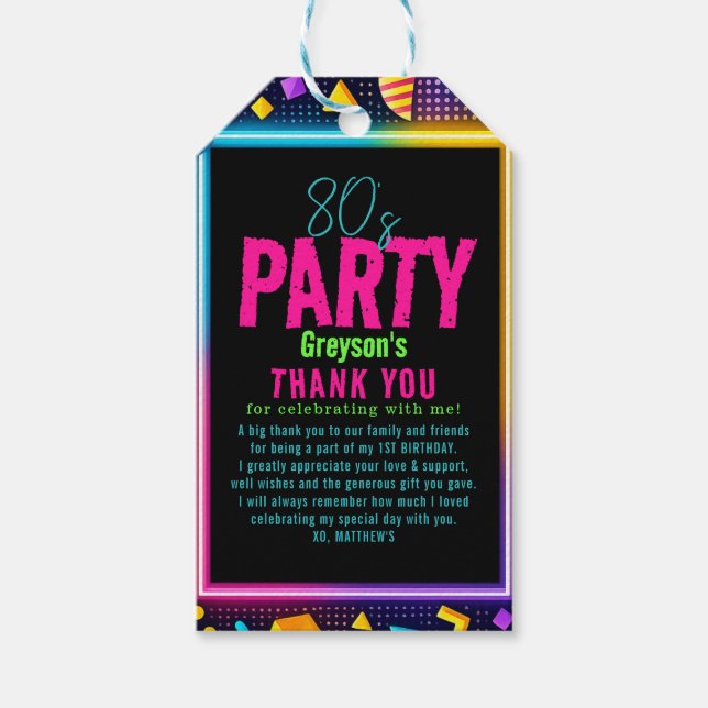 our little Retro Neon 80's Birthday Child Party Presentetikett (Framsidan)