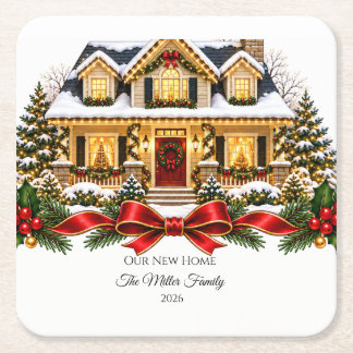 Our New Home Christmas House with Family Name and Underlägg Papper Kvadrat