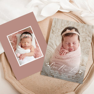 Our New Love Script Photo Birth Announcement Meddelande