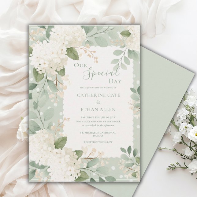 Our Special Day White Hydrangeas Vintage Wedding Inbjudningar (Skapare uppladdad)