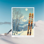 Ouray Resort Colorado ski vacation Postcard Vykort<br><div class="desc">Hello from the snowy mountains of Ouray,  Colorado,  USA! We hope you're having a wonderful ski vacation. This postcard features a gorgeous blue-grey mountain landscape with retro ski boards in an orange tribal pattern.
All the text phrases can be customized to suit you!</div>