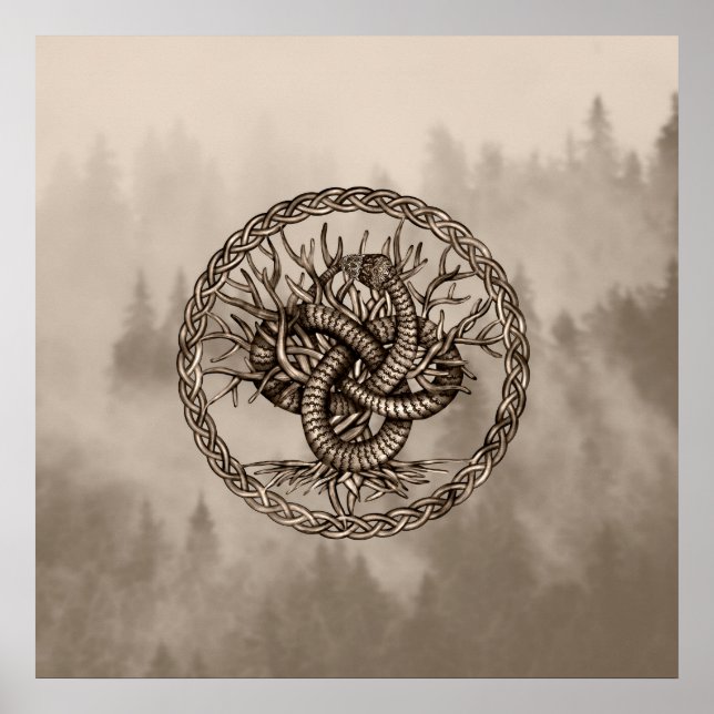 Ouroboros Celtic Knot med Livets träd Sepia Poster (Framsidan)