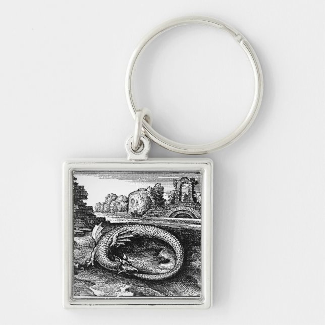 Ouroboros ormkeychain fyrkantig silverfärgad nyckelring (Framsidan)