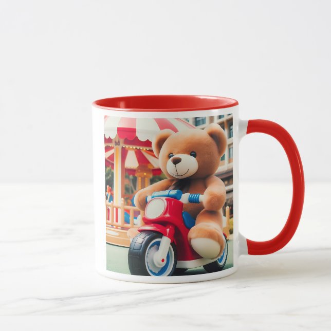 Ours en peluche sur un jouet moto rouge. mugg (Höger)