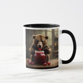 Ours gourmand dévorant un pot de confiture. mugg