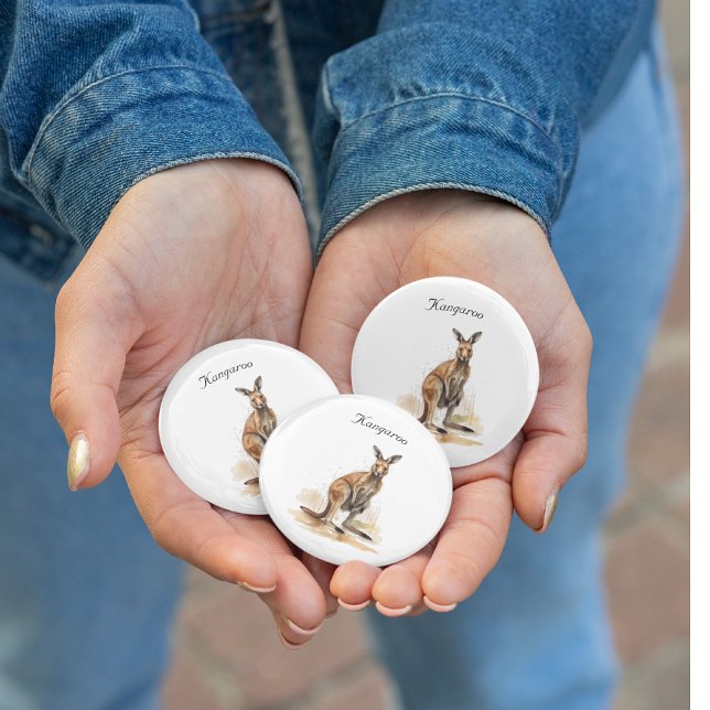 Outback Wanderer: Watercolor Kangaroo anpassningsb Knapp (Skapare uppladdad)