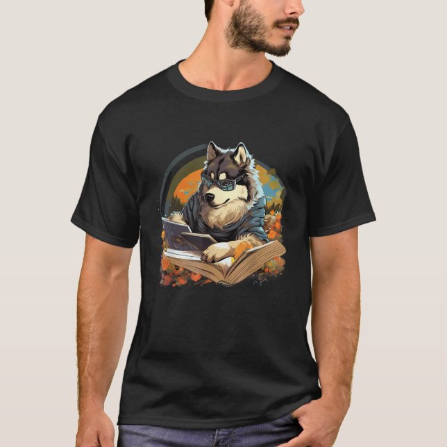 Outdoors Alaskan Malamute Dog Reading Book  T Shirt (Framsida)