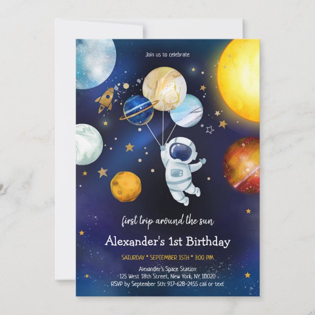 Outer Space Astronaut Planet Galaxy 1st Birthday Inbjudningar (Framsida)
