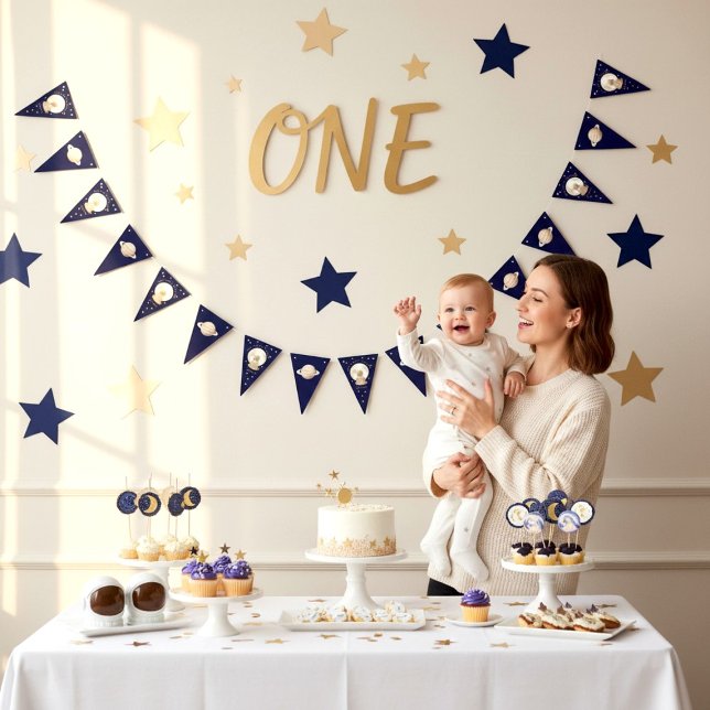 Outer Space Baby Shower Moon Stars Bunting Banner Vimplar (Skapare uppladdad)